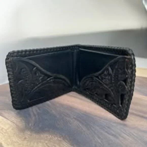 VTG Western Hand Tooled Black Leather Bifold Wallet & Studded Concho Belt Pouch - Picture 3 of 10